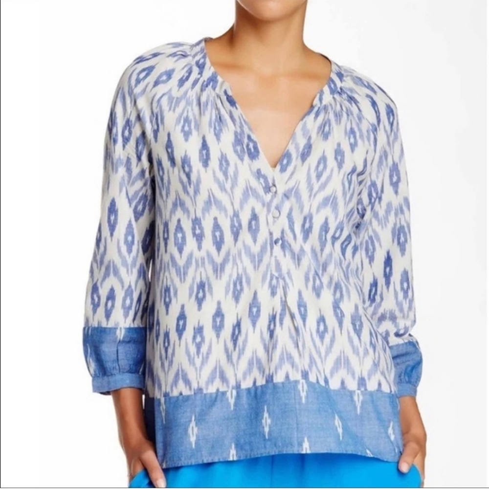 Joie Porcelain Ikat Print Henley Peasant Top S